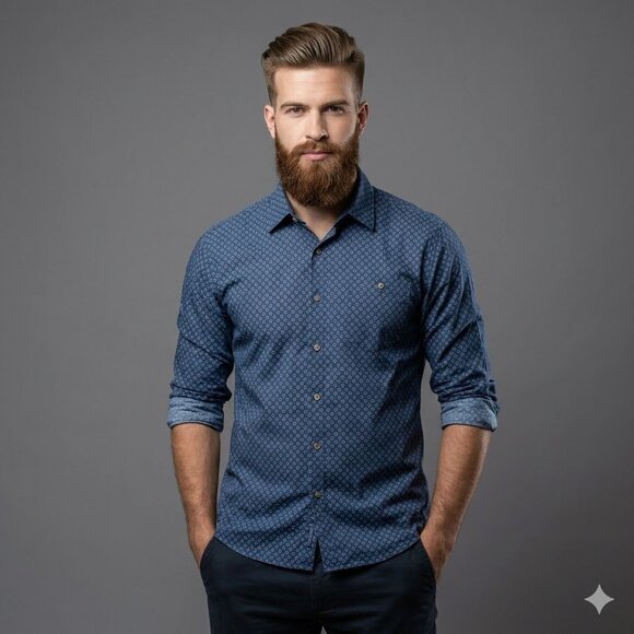 Campia Easy Care Mens Large Geometric Print Long Sleeve Button-Up Shirt Blue - Picture 1 of 12